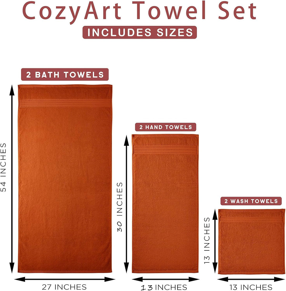 cozyart luxury bath towel set 6 pcs, burnt on a desk or shelf
