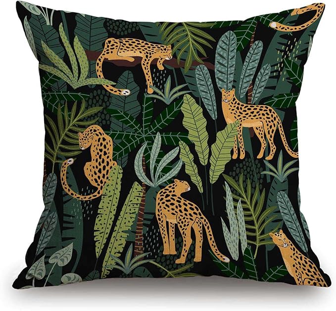 TSSOHU Throw Pillow Cover Leopards and Tropical Leaves Cotton Linen Pillow Case - Image 2