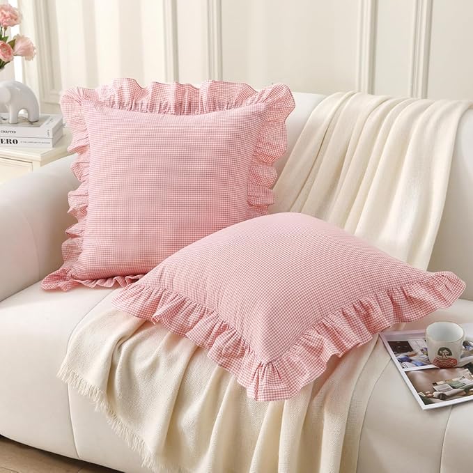 Pink/White Plaid Ruffle Throw Pillow Covers Farmhouse Checkered Gingham 24"x24" by Silnuo