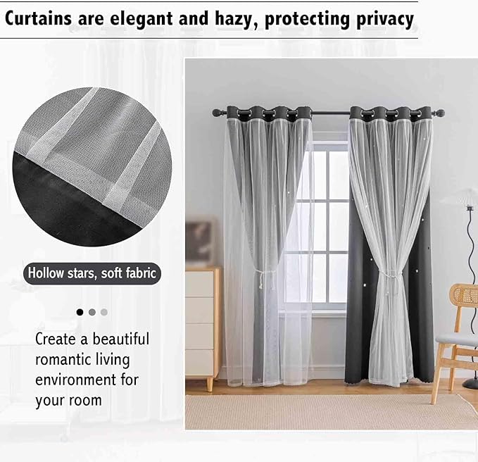 Anytime Romantic Kids Curtain, Hollow-Out Stars Window Curtain Double Layer - Image 7