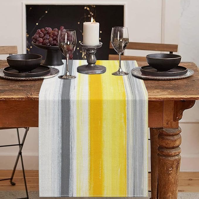 Emvency Yellow Abstract Table Runner, Modern Grey White Striped Dining Decor by Emvency