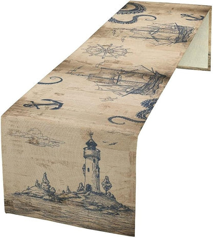 Ocean Nautical Table Runner, Sailboat Compass Hand Painted Navigation Vintage by Unknown