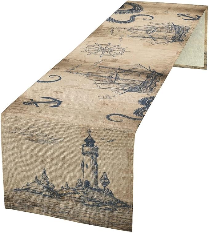 Ocean Nautical Table Runner, Sailboat Compass Hand Painted Navigation Vintage by Unknown