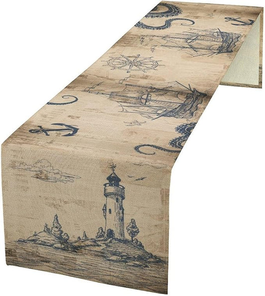 Ocean Nautical Table Runner, Sailboat Compass Hand Painted Navigation Vintage by Unknown