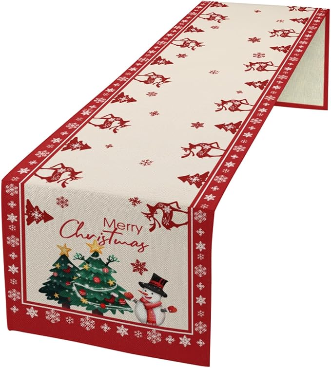 Merry Christmas Table Runner, Snowman Deer Snow Linen Table Runners, Snowflake - Image 2