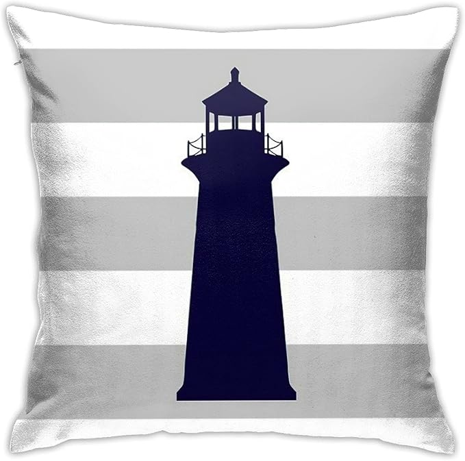 Myshe Square Nautical Navy Blue Lighthouse On Silver Gray Stripes Throw Pillow by Myshe