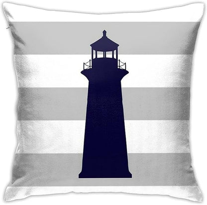 Myshe Square Nautical Navy Blue Lighthouse On Silver Gray Stripes Throw Pillow by Myshe