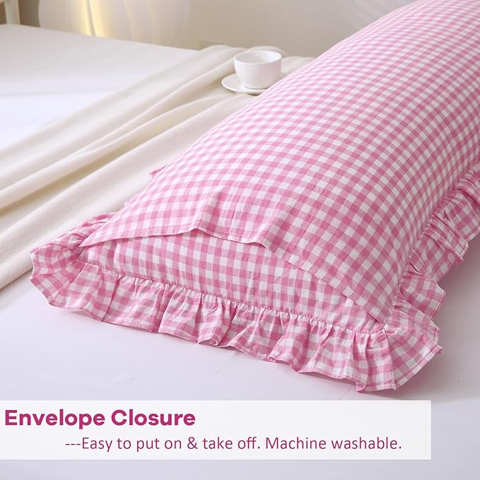Pink White Plaid Ruffle Gingham Body Pillow Cover, 100% Washed Cotton Rustic - Image 5