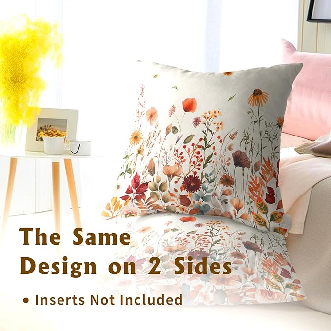 Fall Floral Throw Pillow Covers 18x18inch Set of 2 Autumn Flowers Harvest - Image 5