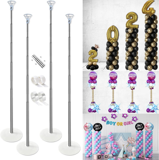 Balloon Column Stand Kit Set of 4, 7ft Height Adjustable Balloon Arch Kit with 2 Ballon Garland Strip, Metal Telescopic Pillar Balloon Stand, Birthday Party, Graduation, Halloween Decorations