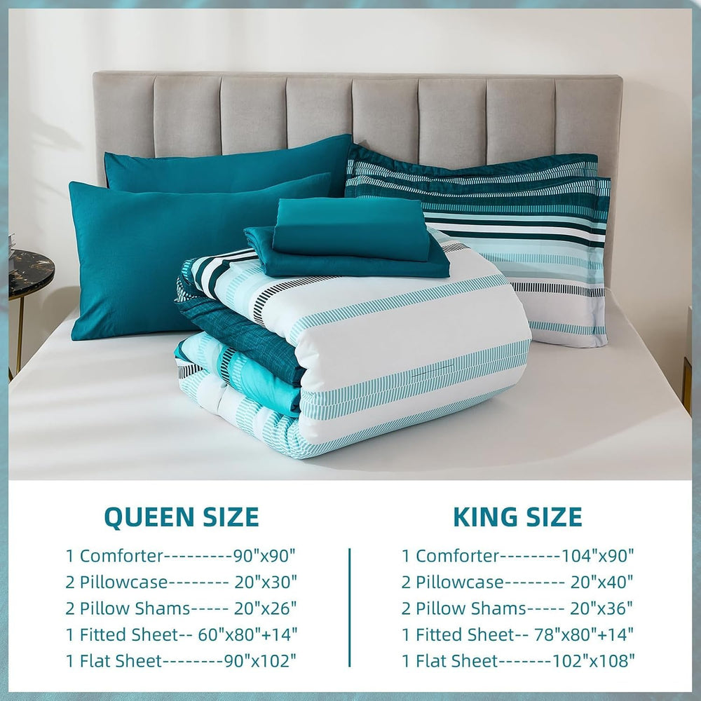 Dobuyly Teal Queen Comforter Set 7 Pieces, Blue Boho Striped Bed in a Bag Que...