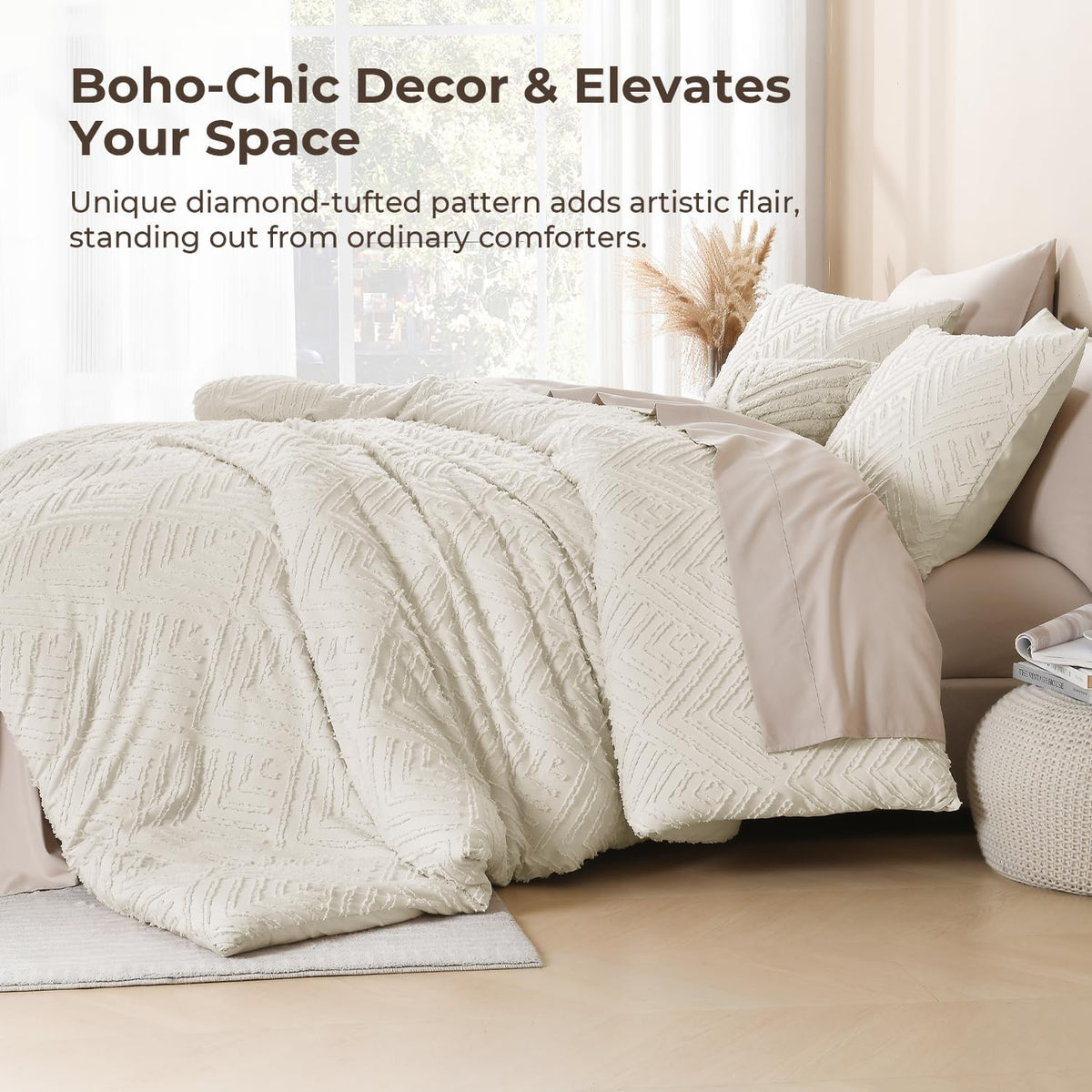 litanika king size comforter set, 3 pieces beige, side view