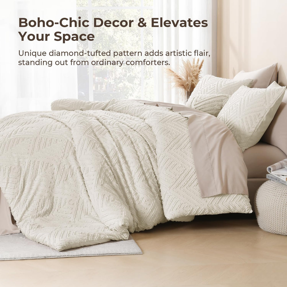 Litanika Queen Size Comforter Set, 3 Pieces Beige Tufted Boho Bedding Set