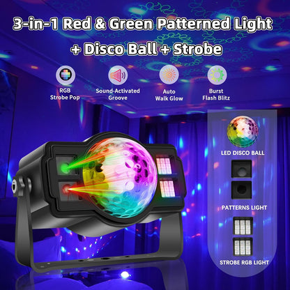 3-in-1 Disco Ball Party Lights, Sound Activated DJ Strobe Light with 60 Patterns, USB Powered Disco Light Projector for Room Decor, Glow Party Supplies, Birthday, Christmas, Halloween