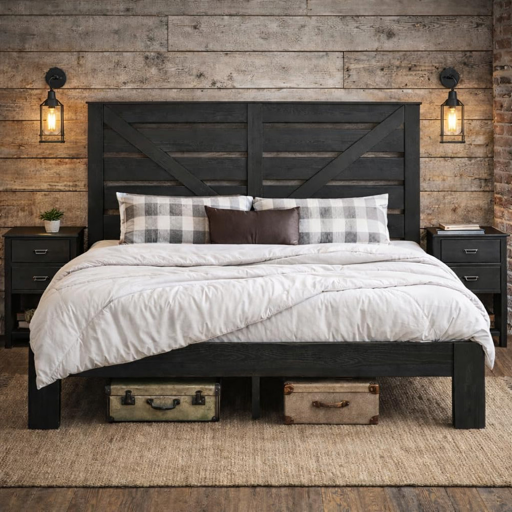 King Farmhouse Bed Frame with Headboard, LED Lights, USB Charging