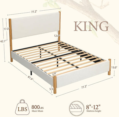 yechen king size bed frame with upholstered headboard shown in use