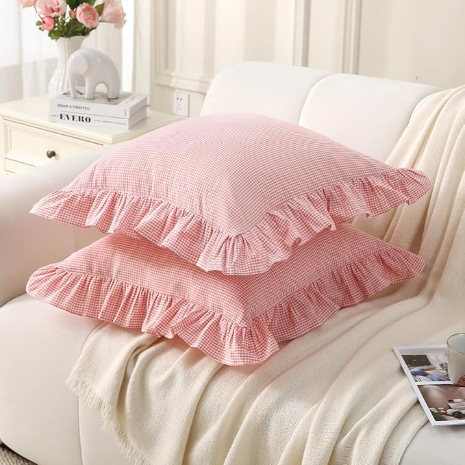 Pink/White Plaid Ruffle Throw Pillow Covers Farmhouse Checkered Gingham 20"x20" - Image 3