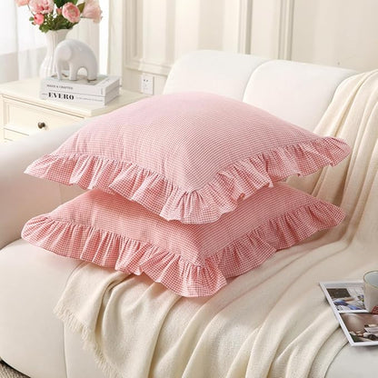 Pink/White Plaid Ruffle Throw Pillow Covers Farmhouse Checkered Gingham 20"x20" - Image 3
