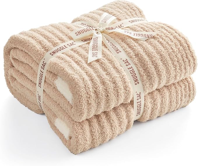Snuggle Sac Soft Ribbed Beige Throw Blanket - Image 3