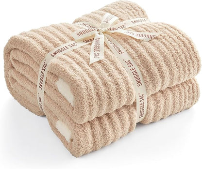 Snuggle Sac Fluffy Ribbed Beige Blanket Twin Size, Soft Luxurious Knit Fuzzy - Image 3