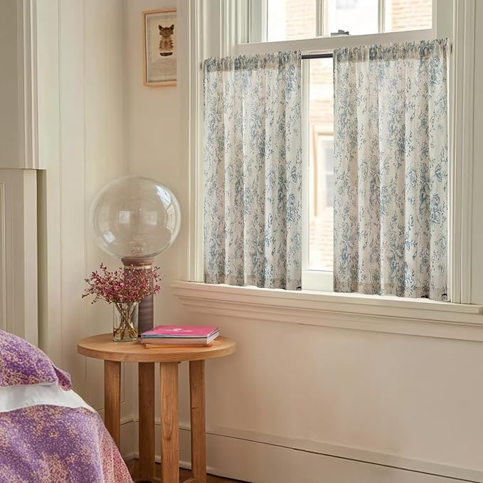 jinchan Floral Linen Tier Curtains Blue Flower on Beige Cafe Curtains 36 Inch - Image 2