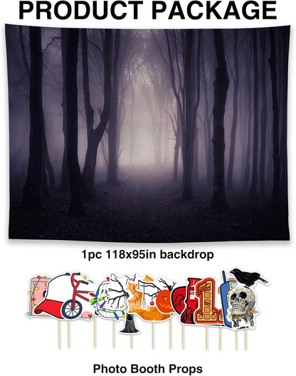 Allenjoy 118" x 95" Halloween Misty Forest Photography Backdrop with Photo Booth Props, Party Decorations, Supplies and Favors