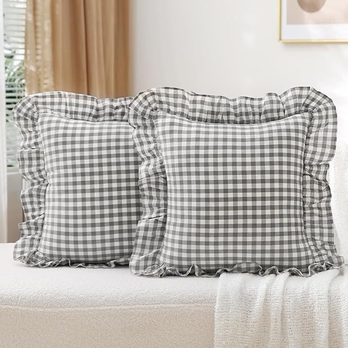 2 Pack Grey White Plaid Ruffle Throw Pillow Covers 18x18 inches, 100% Cotton by KMASANIJI