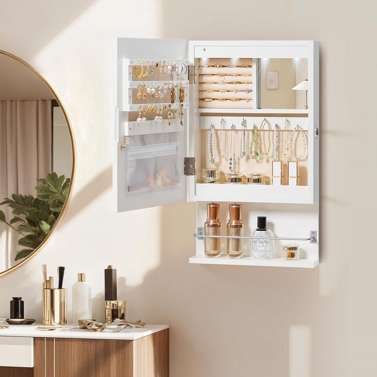 hoobro wall mounted jewelry cabinet, led jewelry armoire, view 9