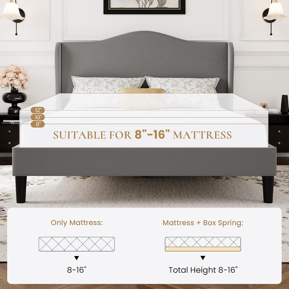 SHA CERLIN Queen Size Bed Frame with Curved Wingback Headboard, Soft Grey