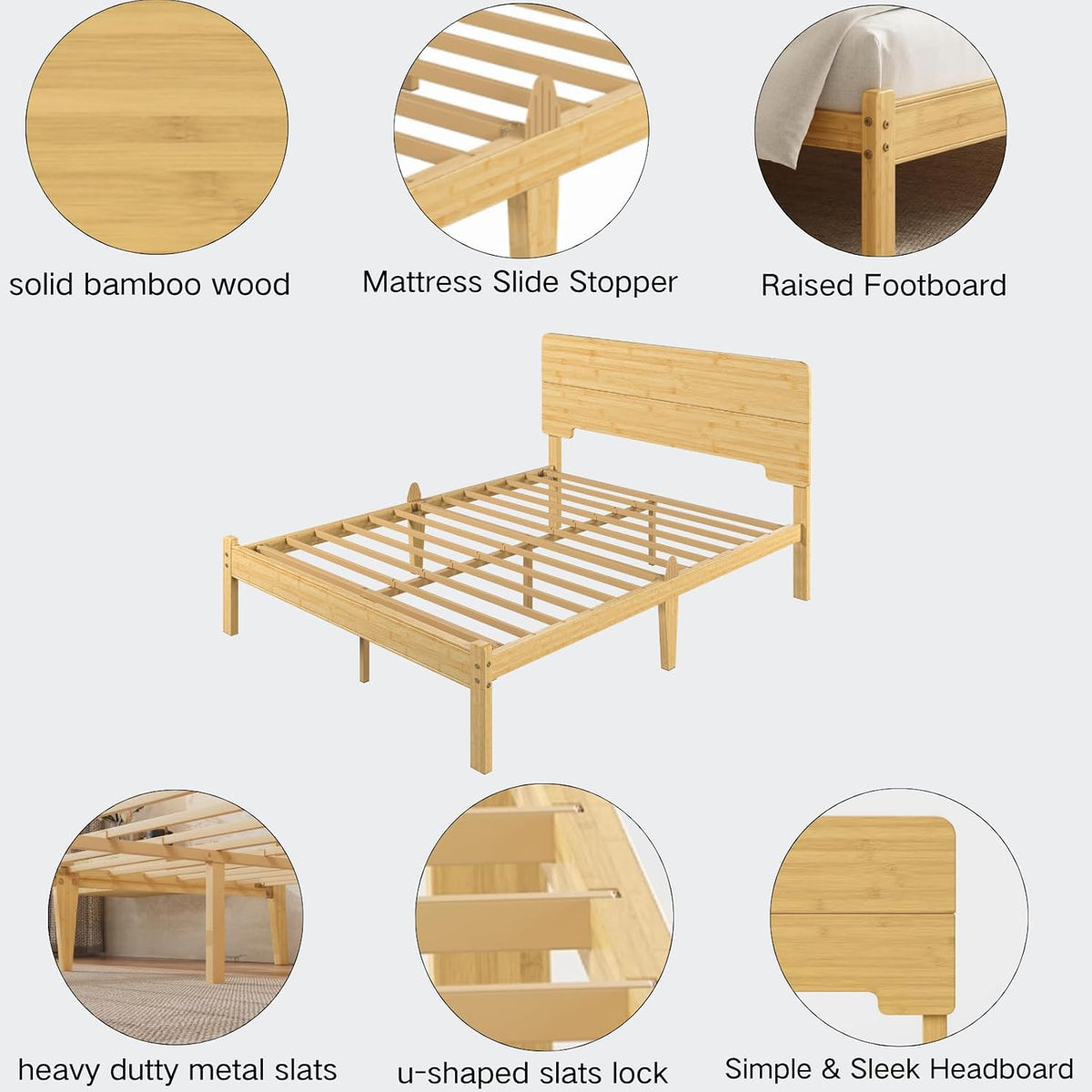 14" solid bamboo wood full size bed frame, close-up detail