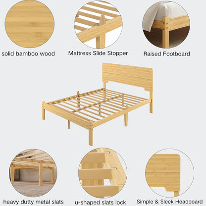 14" solid bamboo wood full size bed frame, close-up detail