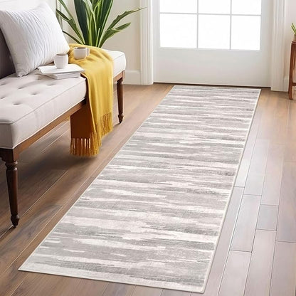 Modern Abstract Runner Rug 2x6, Neutral Light Beige and Grey Washable Kitchen by lansny