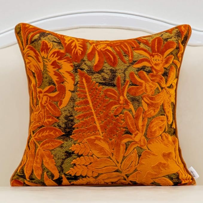 Alerfa 18 x 18 Inch Orange Square Maple Leaf Pillow Embroidery Cut Velvet by Alerfa