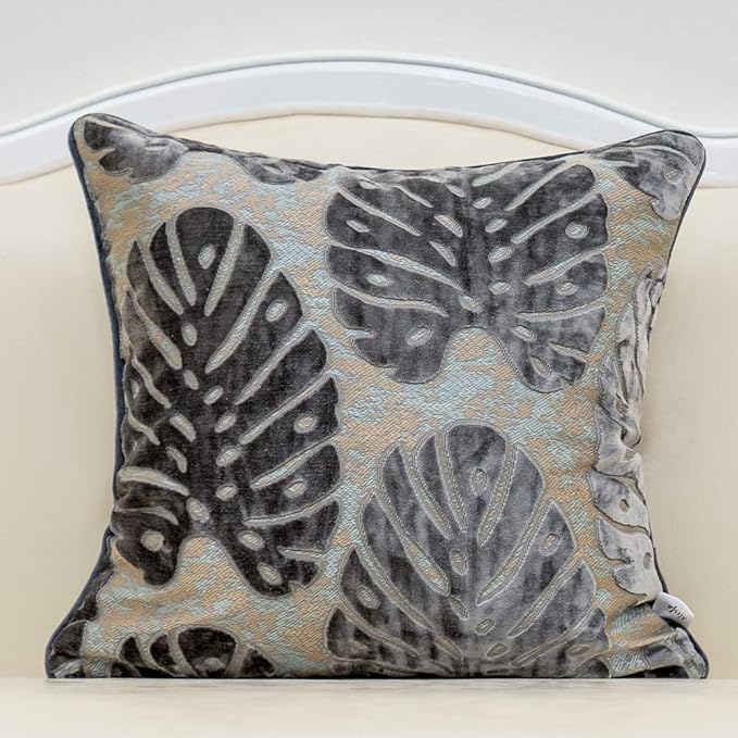 Alerfa 20 x 20 Inch Square Leaf Pillow Embroidery Cut Velvet Cushion Case by Alerfa