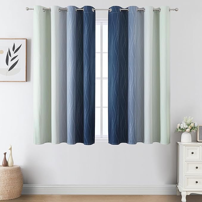 Estelar Textiler Sage Green and Navy Blue Ombre Blackout Curtains 45 Inch Length - Image 2