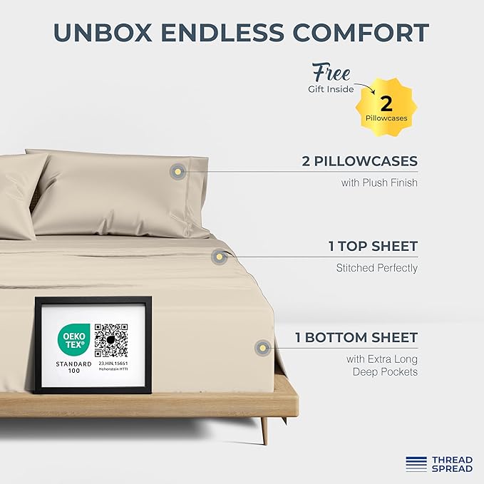 THREAD SPREAD 100% Egyptian Cotton Sheets California King Size Bed Set - Image 3