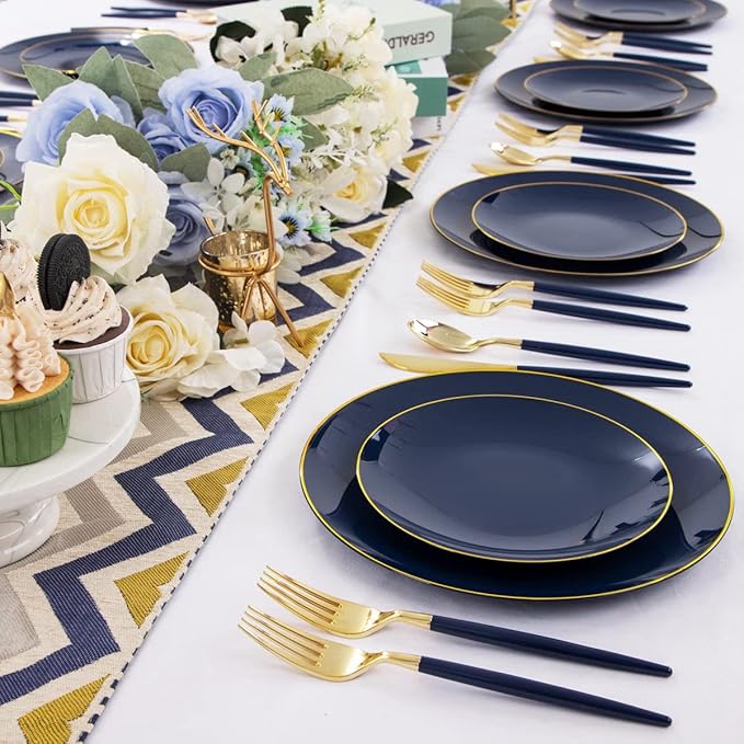 Liacere 150PCS Blue Plastic Plates - Gold Plastic Silverware with Blue Handle - Navy Disposable Plates Include 30 Guests Plates,Forks,Spoons,Knives for Wedding & Party & Halloween