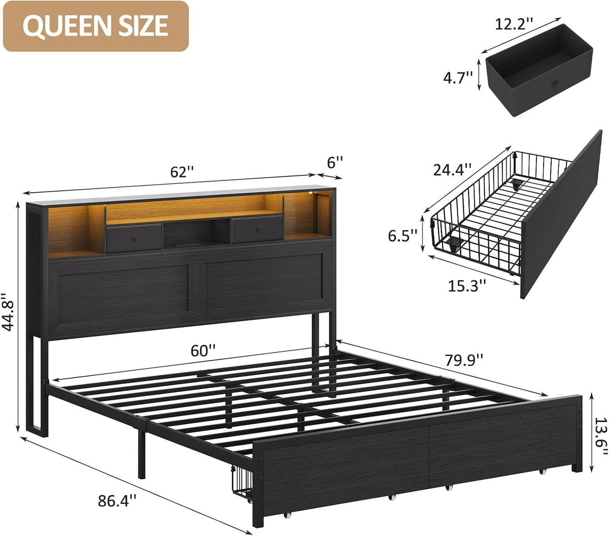 queen bed frame with storage headboard, platform bed shown in use