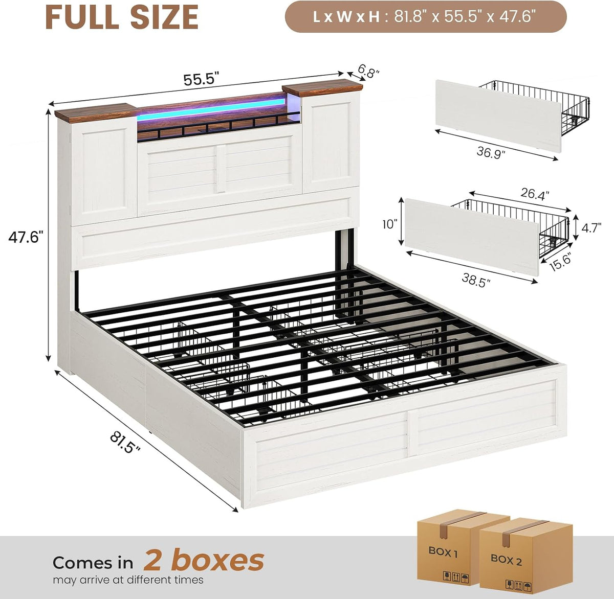 viagdo full bed frame with headboard and storage shown in use