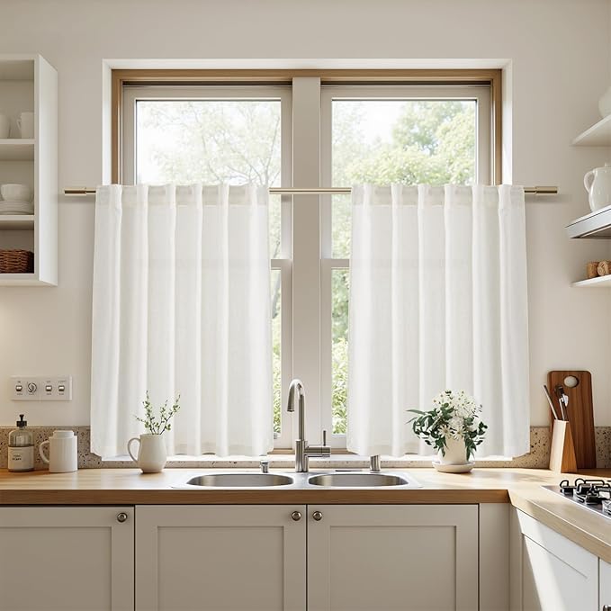 Linen Semi Sheer Curtains for Kitchen Windows Over Sink Neutral 30 Inch Length - Image 8