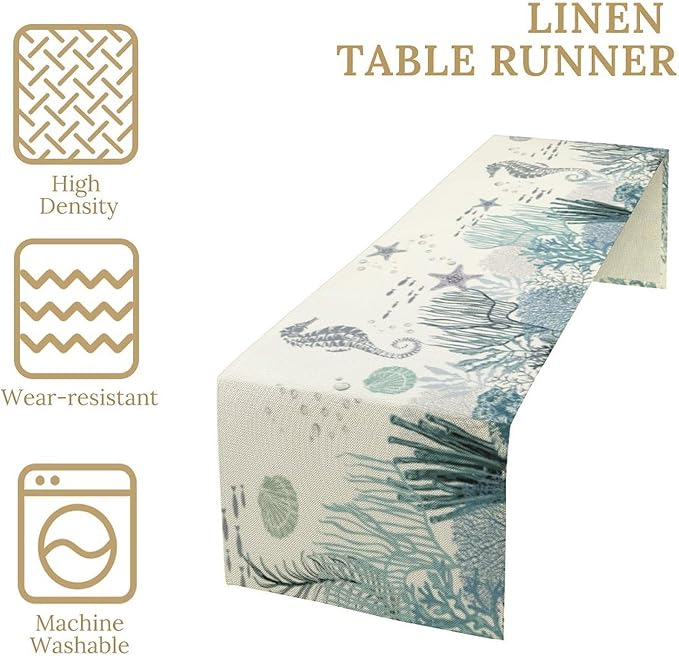 Nautical Coastal Table Runner Vintage Nautical Beach Starfish Seashell Blue - Image 4