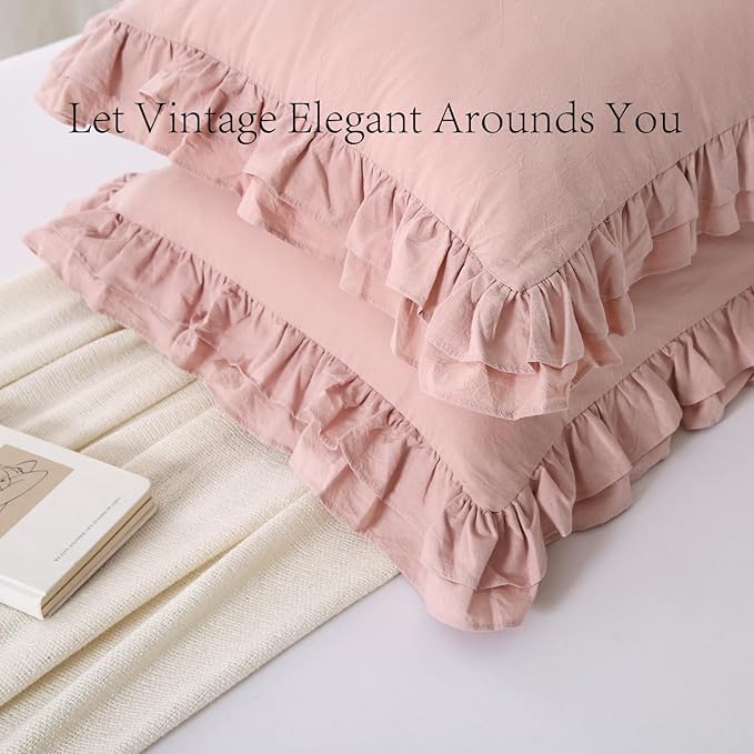 2 Pack Dust Pink Ruffle King Size Pillow Covers, 100% Washed Cotton Envelope - Image 6