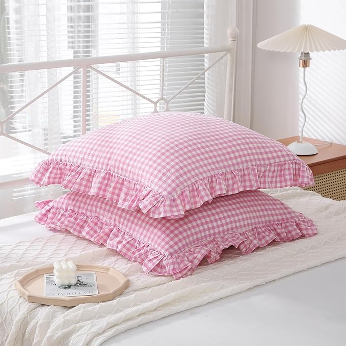 2 Pack Pink White Plaid Ruffle Euro Gingham Throw Pillow Covers, 100% Washed - Image 2