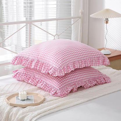 2 Pack Pink White Plaid Ruffle Euro Gingham Throw Pillow Covers, 100% Washed - Image 2