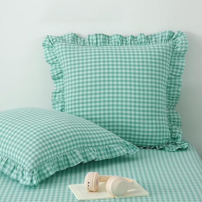 2 Pack Spa Blue White Plaid Ruffle Gingham Euro Pillow Sham Covers, 100% Washed by KMASANIJI