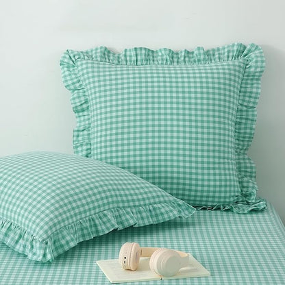 2 Pack Spa Blue White Plaid Ruffle Gingham Euro Pillow Sham Covers, 100% Washed by KMASANIJI