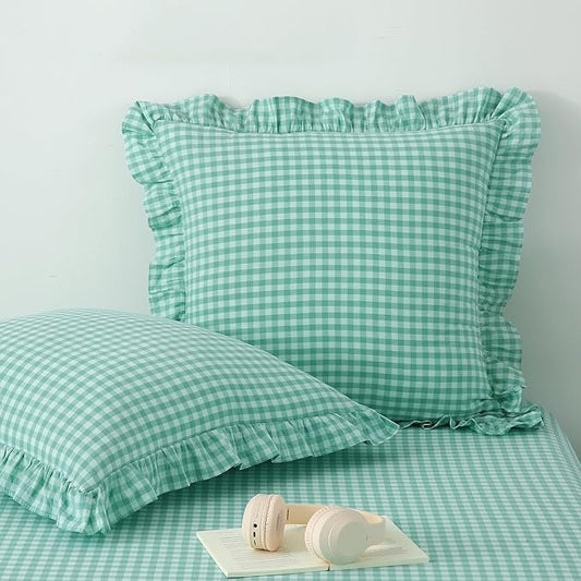 2 Pack Spa Blue White Plaid Ruffle Gingham Euro Pillow Sham Covers, 100% Washed by KMASANIJI