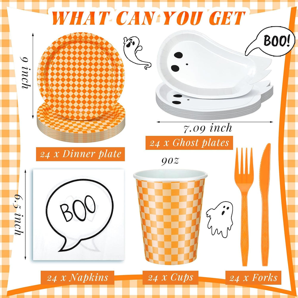 Yungyan 144 Pcs Halloween Paper Plates and Cups Ghost Plates Boo Napkins
