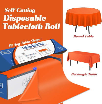 Disposable Orange Plastic Table Cover Roll 54in X 240ft - Heavy Duty Waterproof Tablecloth with Easy Slide Cutter for Halloween, Parties & Outdoor Celebrations