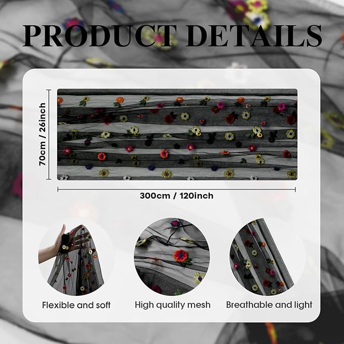 Artoid Mode Black Embroidery Daisy Gauze Table Runner 120 Inch 10FT, Seasonal - Image 7